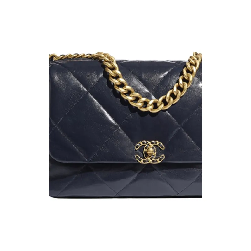 CHANEL 19Bag Goatskin & Metal Flap Bag, Handbag, Shoulder Bag, Crossbody Bag Women's Marine Blue/Gold-4