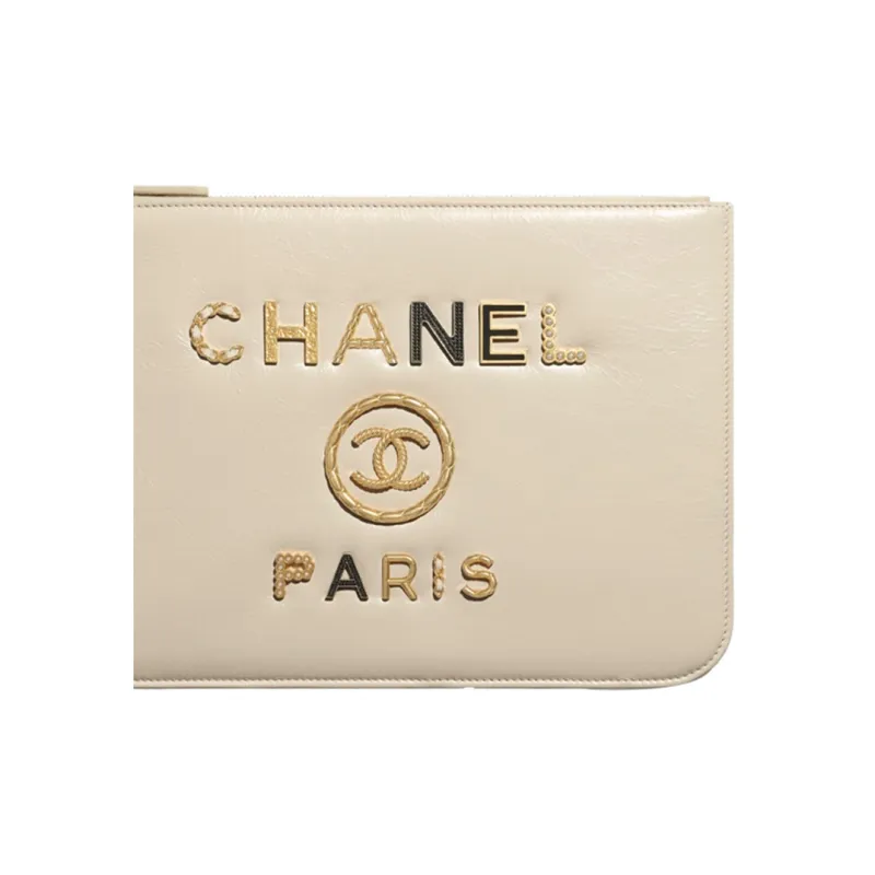 CHANEL Calfskin Pouch Clutch Women's Ivory-4