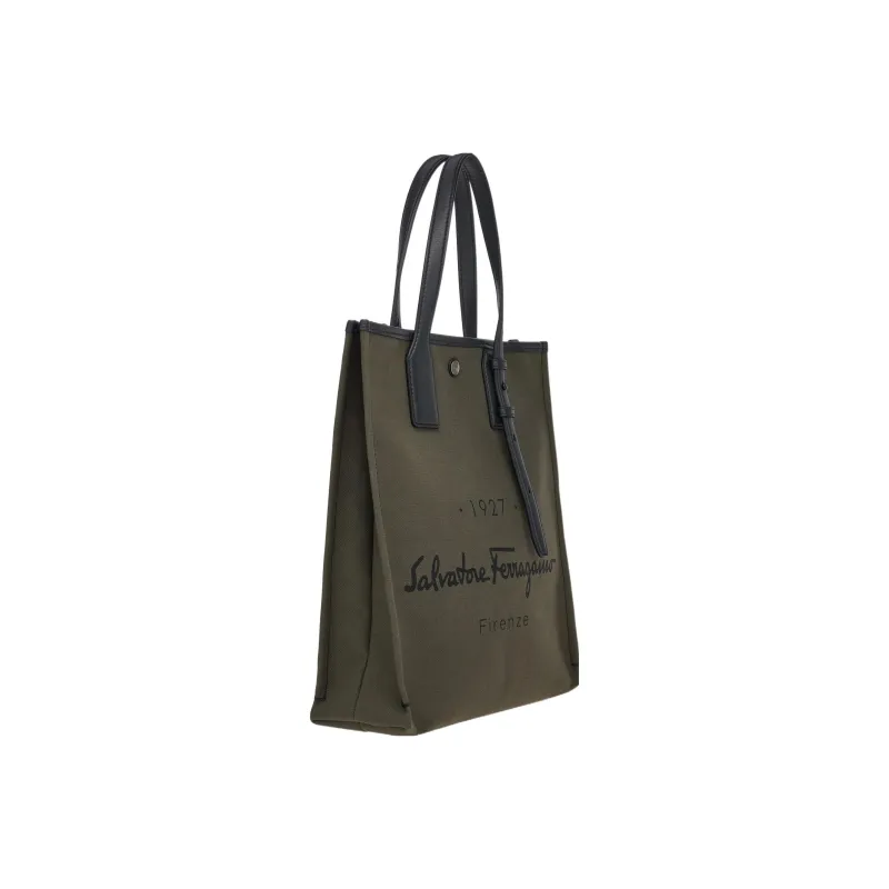 FERRAGAMO Canvas With Deerskin Tote Bag, Shopping Bag, Canvas Bag, One Shoulder Handbag Men's Green-1