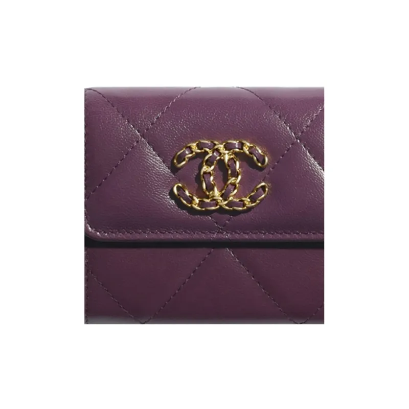 CHANEL 19Bag Sheepskin Card Holder, Wallet Trumpets Women's Purple-4