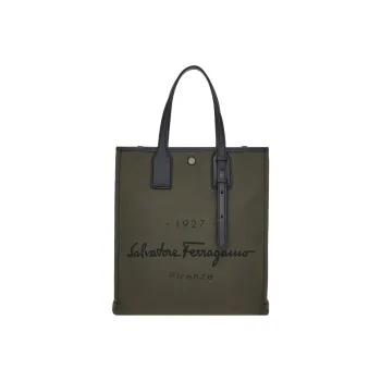 FERRAGAMO Canvas With Deerskin Tote Bag, Shopping Bag, Canvas Bag, One Shoulder Handbag Men's Green