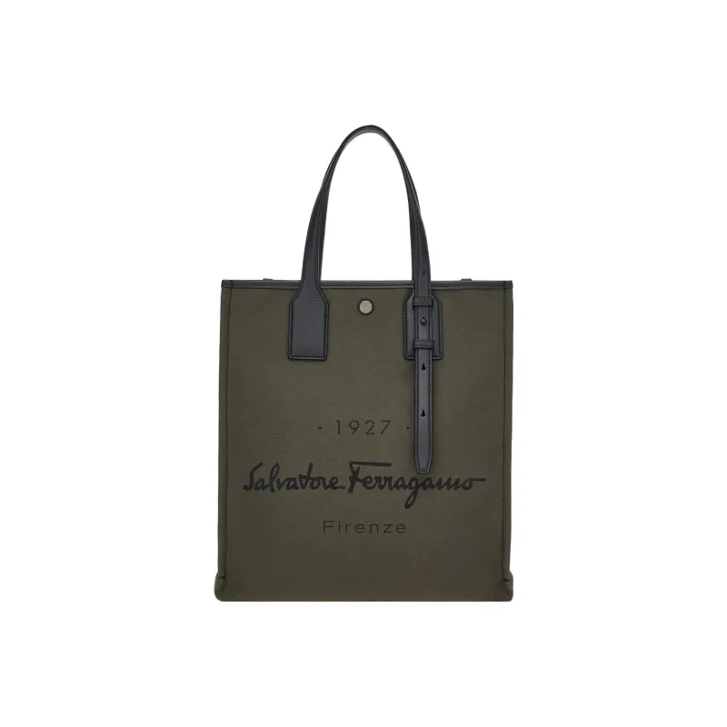 FERRAGAMO Canvas With Deerskin Tote Bag, Shopping Bag, Canvas Bag, One Shoulder Handbag Men's Green-0