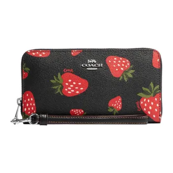 COACH Zip Around Canvas With Leather Clutch Card Holder, Wallet Small Size Women's Black & Red
