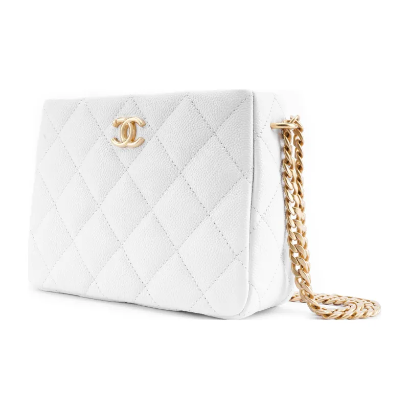 CHANEL 23P SS Cow Leather Grain Embossed Hobo Bag, Small Square Bag, Shoulder Bag, Crossbody Bag Trumpets Unisex White-1