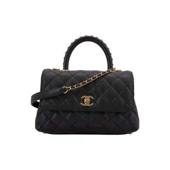 CHANEL COCO Handle Grain Litchi Grain Cow Leather Handbag, Shoulder Bag, Crossbody Bag Small Size Women's Black