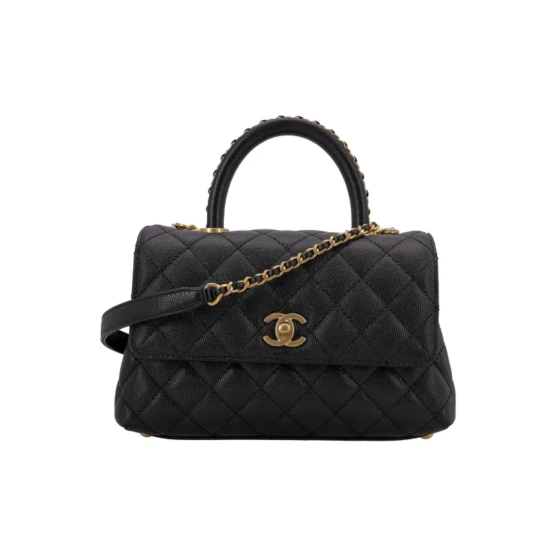 CHANEL Coco Handle Grain Litchi Grain Cow Leather Handbag, Shoulder Bag, Crossbody Bag Trumpets Women's Black-0
