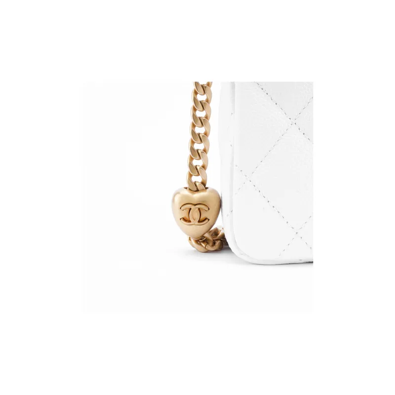 CHANEL 23P SS Cow Leather Grain Embossed Hobo Bag, Small Square Bag, Shoulder Bag, Crossbody Bag Trumpets Unisex White-4
