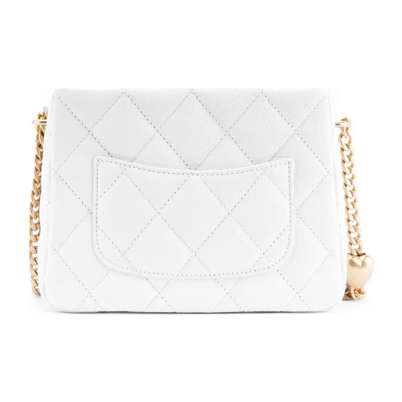 CHANEL 23P SS Cow Leather Grain Embossed Hobo Bag, Small Square Bag, Shoulder Bag, Crossbody Bag Trumpets Unisex White-2