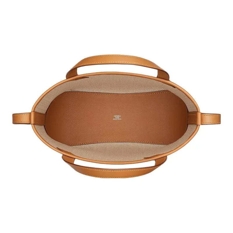 HERMES Cabas Fabric With Cow Leather One Shoulder Handbags Women's Ecru-Naturel/Gold Light Brown/Earth Yellow/Brown-3