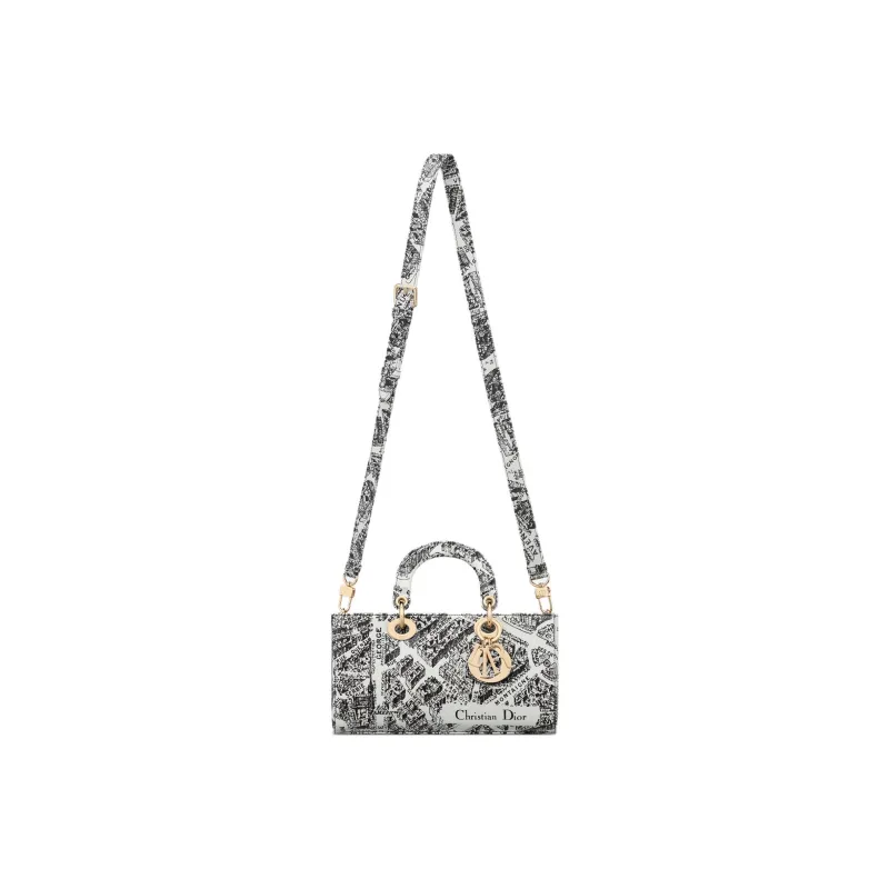 DIOR Lady D-JOY Cow Leather Embroidery Daisie Bag Shoulder Bag Crossbody Bag Handbag Medium Size Women's Black/White-5