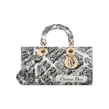 DIOR Lady D-JOY Cow Leather Embroidery Daisie Bag Shoulder Bag Crossbody Bag Handbag Medium Size Women's Black/White