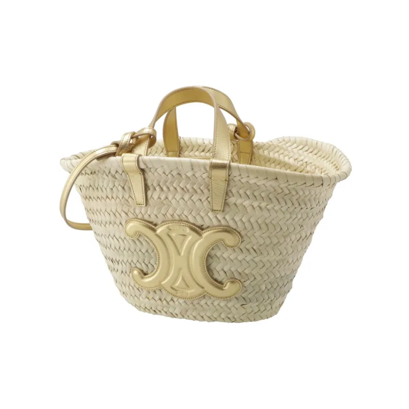 CELINE Triomphe Leather Straw Bag Handbag Teen Women's Light Brown-3