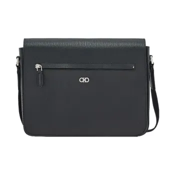 FERRAGAMO GANCINI Calfskin Messenger Bag, Shoulder Bag, Crossbody Bag Men's Black