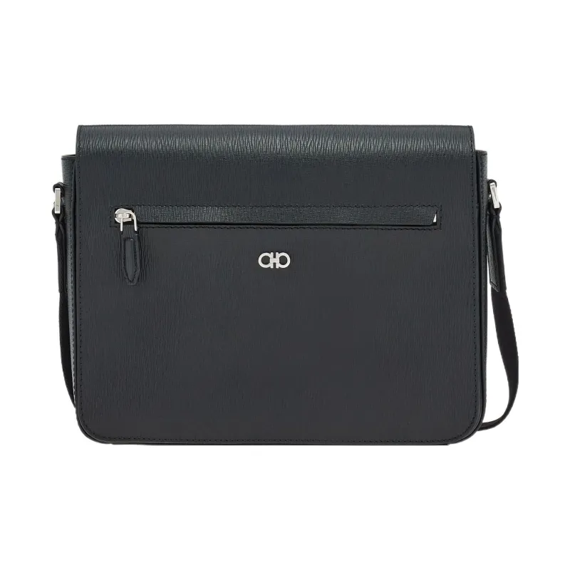 FERRAGAMO GANCINI Calfskin Messenger Bag, Shoulder Bag, Crossbody Bag Men's Black-0