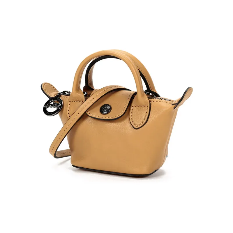 LONGCHAMP Le Pliage Cuir Sheepskin Dumpling Bag Portable Crossbody Bag Shoulder Bag Mini Women's Molasses Color-1