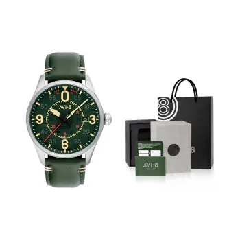 AVI 8 Wrist Watch Automatic Mechanical Movement Genuine Leather Strap Green Dial Men's Watches AV 4090 03