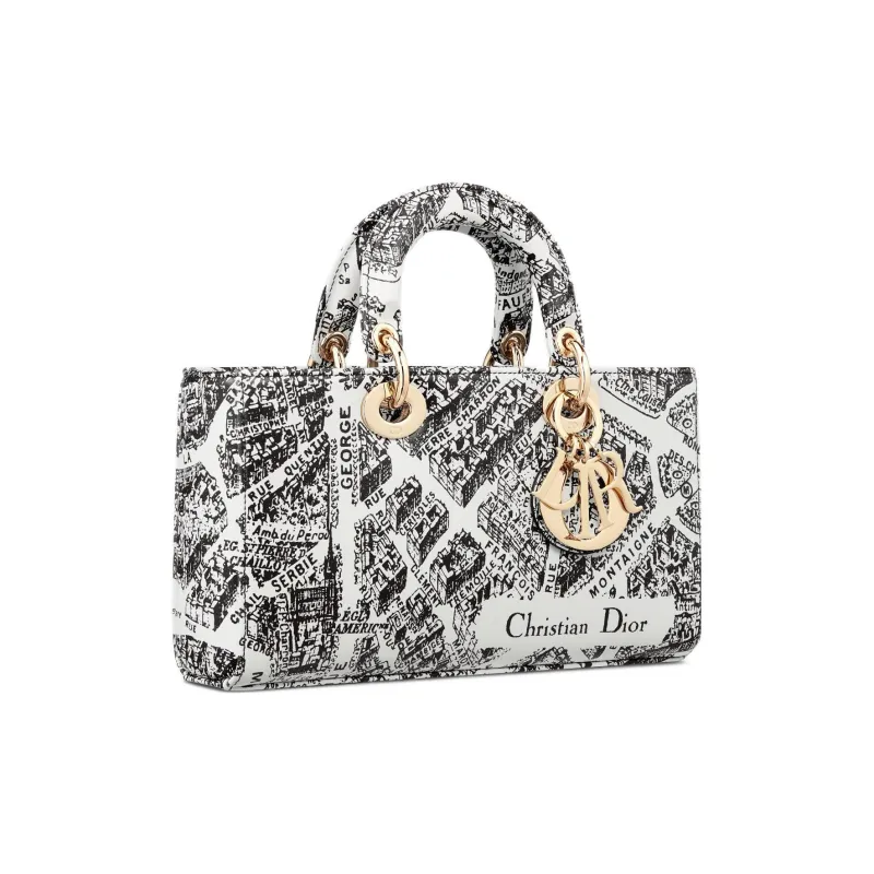 DIOR Lady D-JOY Cow Leather Embroidery Daisie Bag Shoulder Bag Crossbody Bag Handbag Medium Size Women's Black/White-2