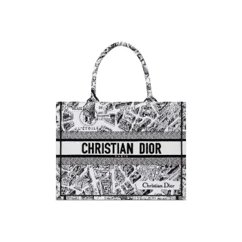 DIOR BookTote Embroidery Tote Bag Shopping Bag Handbag Medium Size Women's White/Black