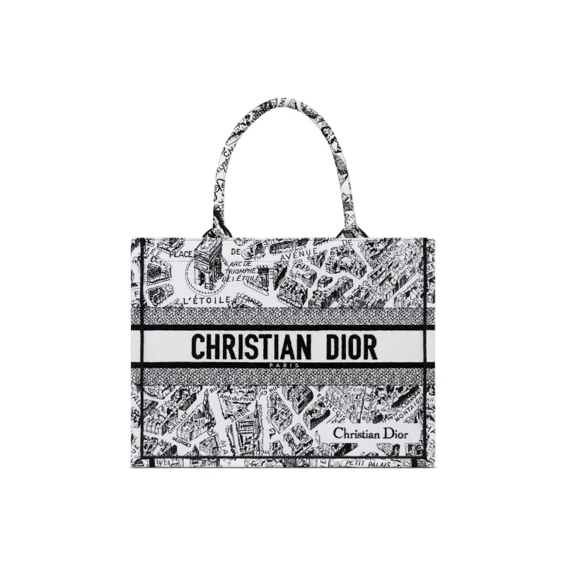 DIOR BookTote Embroidery Tote Bag Shopping Bag Handbag Medium Size Women's White/Black-0