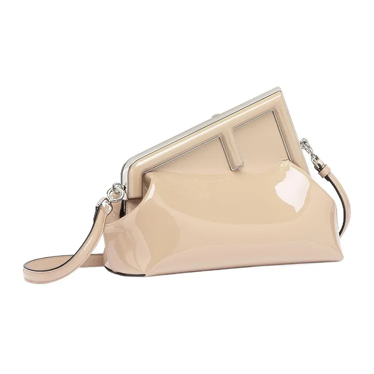 FENDI Patent Leather Calfskin One Shoulder Crossbody Clutch Women's Beige-1