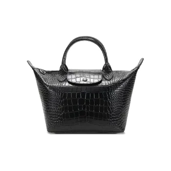 LONGCHAMP Le Pliage Cuir Crocodile Pattern Cow Leather Dumpling Bag Handbag Small Size Women's Black