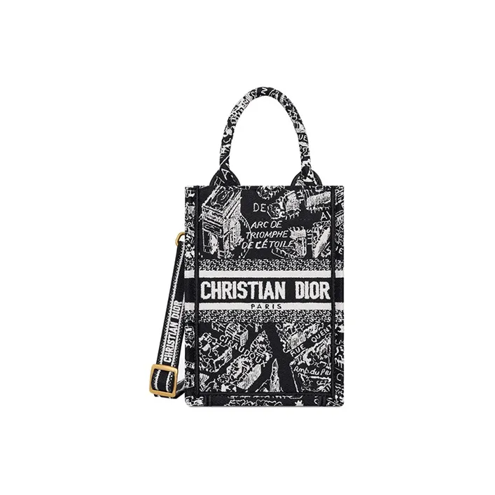 DIOR Embroidery Tote Bag Shopping Bag Cell Phone Pouch Shoulder Bag Crossbody Bag Handbag Mini Women's Black/White-0