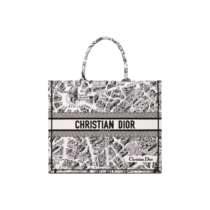 DIOR BookTote Embroidery Tote Bag, Shopping Bag, Handbag Tubas Women's White/Black-0