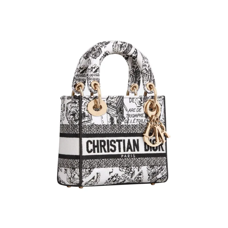 DIOR Lady D-Lite Embroidery Daisie Bag Shoulder Bag Crossbody Bag Handbag Mini Women's White/Black-0