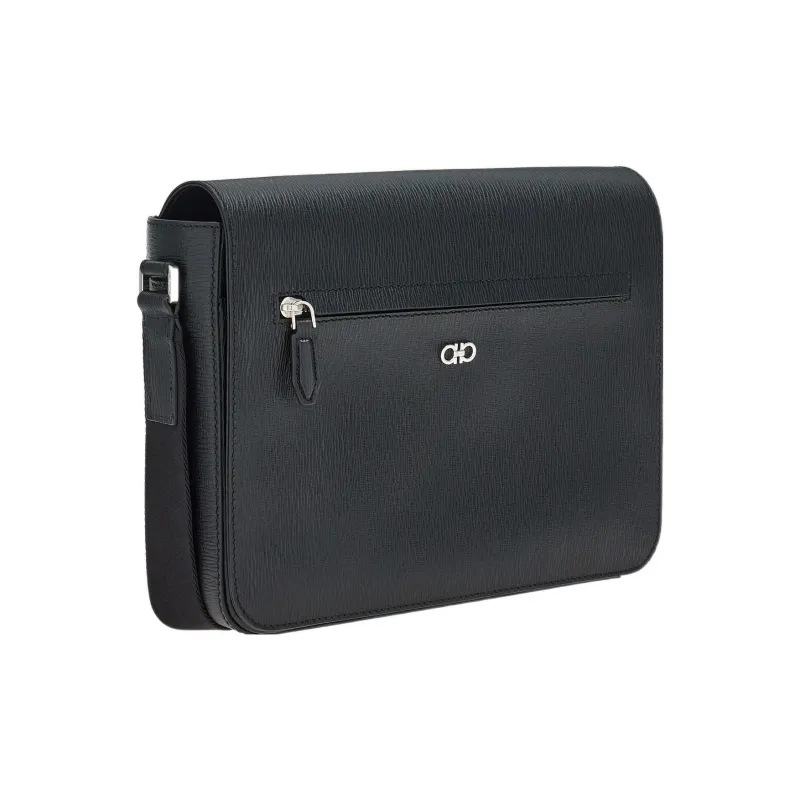 FERRAGAMO GANCINI Calfskin Messenger Bag, Shoulder Bag, Crossbody Bag Men's Black-1