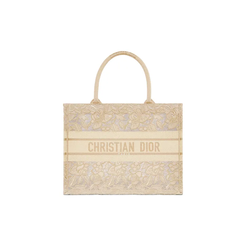 DIOR BookTote Embroidery Tote Bag Shopping Bag Handbag Medium Size Women's Gold-0