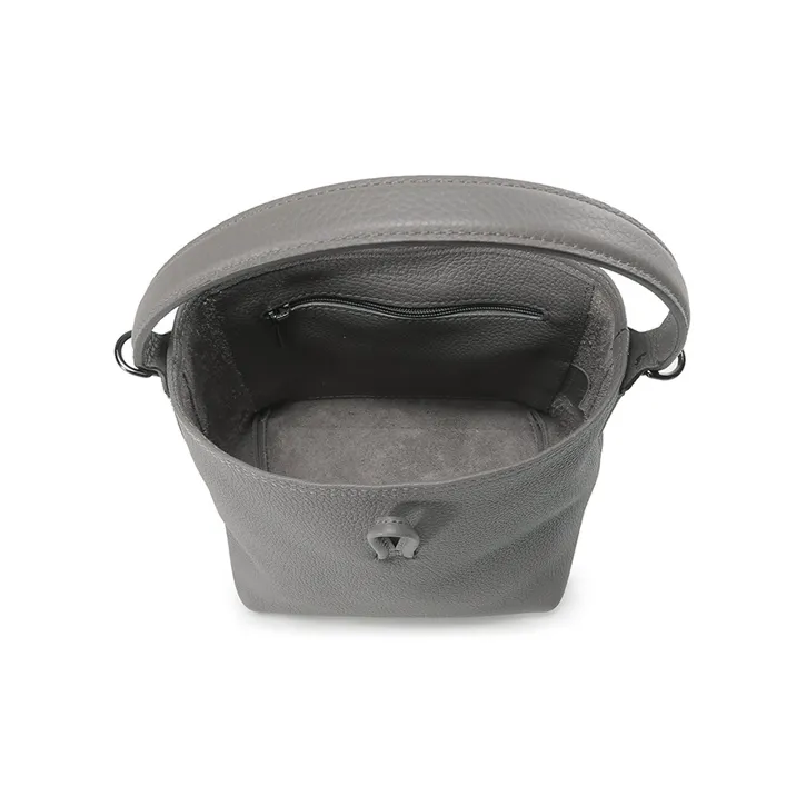 LONGCHAMP Roseau Essential Cow Leather Bucket Bag, One Shoulder Handbag Mini Women's Gray-5
