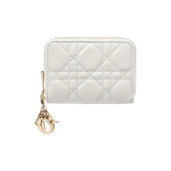 DIOR Lady Dior Sheepskin Wallet Small Size Women's Milk White