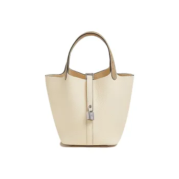 HERMES Picotin Lock Clemence Bullock Leather Combo Ostrich Leather Controller Basket Bag Handbag 18 Women's Cream White