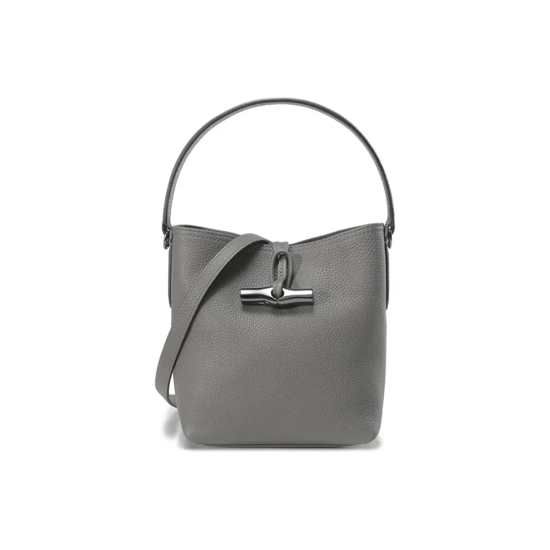 LONGCHAMP Roseau Essential Cow Leather Bucket Bag, One Shoulder Handbag Mini Women's Gray-0