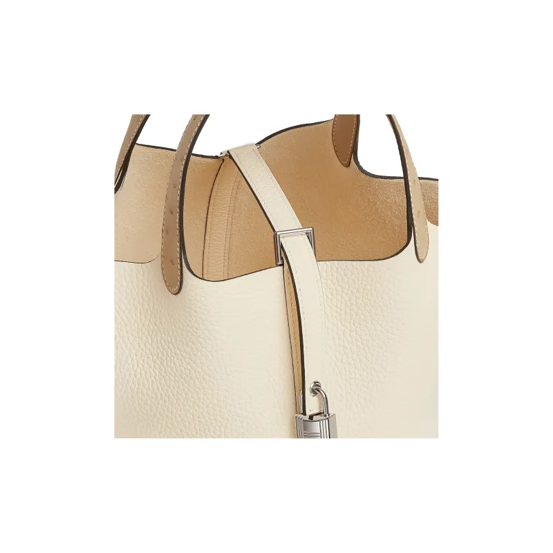 HERMES Picotin Lock Clemence Bullock Leather Combo Ostrich Leather Controller Basket Bag Handbag 18 Women's Cream White-3