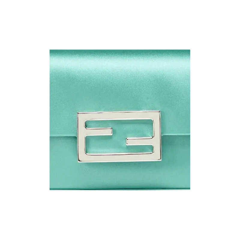 FENDI Baguette Silk Blended With Lambskin Handbag Shoulder Bag Crossbody Bag Cell Phone Pouch Women's Turquoise-3