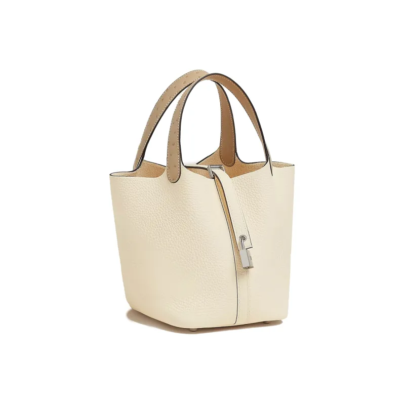 HERMES Picotin Lock Clemence Bullock Leather Combo Ostrich Leather Controller Basket Bag Handbag 18 Women's Cream White-1