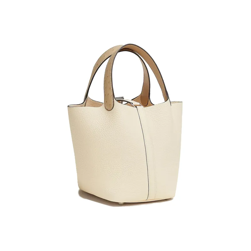 HERMES Picotin Lock Clemence Bullock Leather Combo Ostrich Leather Controller Basket Bag Handbag 18 Women's Cream White-2