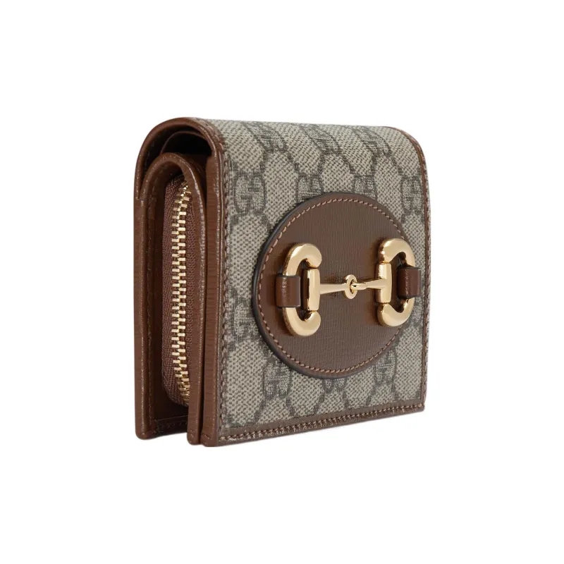 GUCCI Horsebit 1955 Canvas With Leather Card Holder, Wallet Regular Women's Ebony/Brown-1