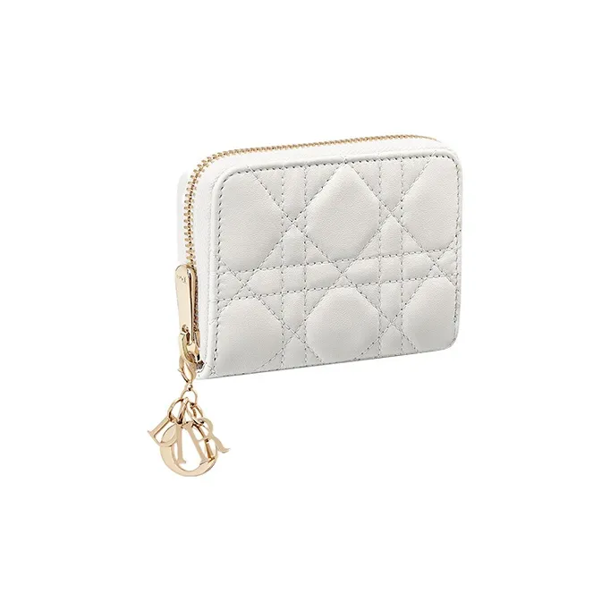 DIOR Lady Dior Sheepskin Wallet Small Size Women's Milk White-1
