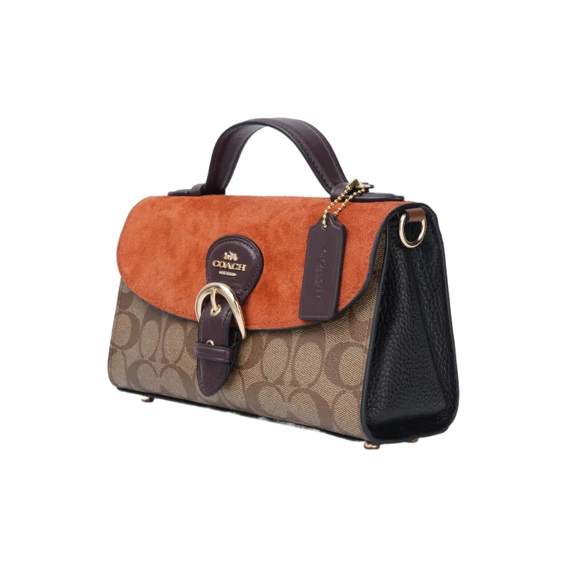 COACH Kleo Canvas Cow Leather Patchwork Handbag Shoulder Bag Crossbody Bag Medium Size Women's Orange/brown-1