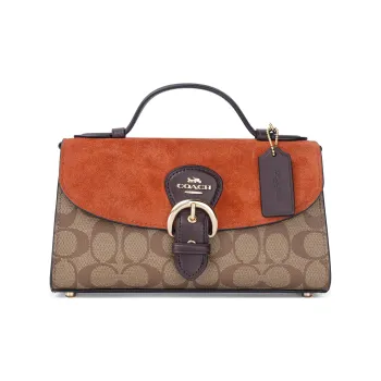 COACH Kleo Canvas Cow Leather Patchwork Handbag Shoulder Bag Crossbody Bag Medium Size Women's Orange/brown