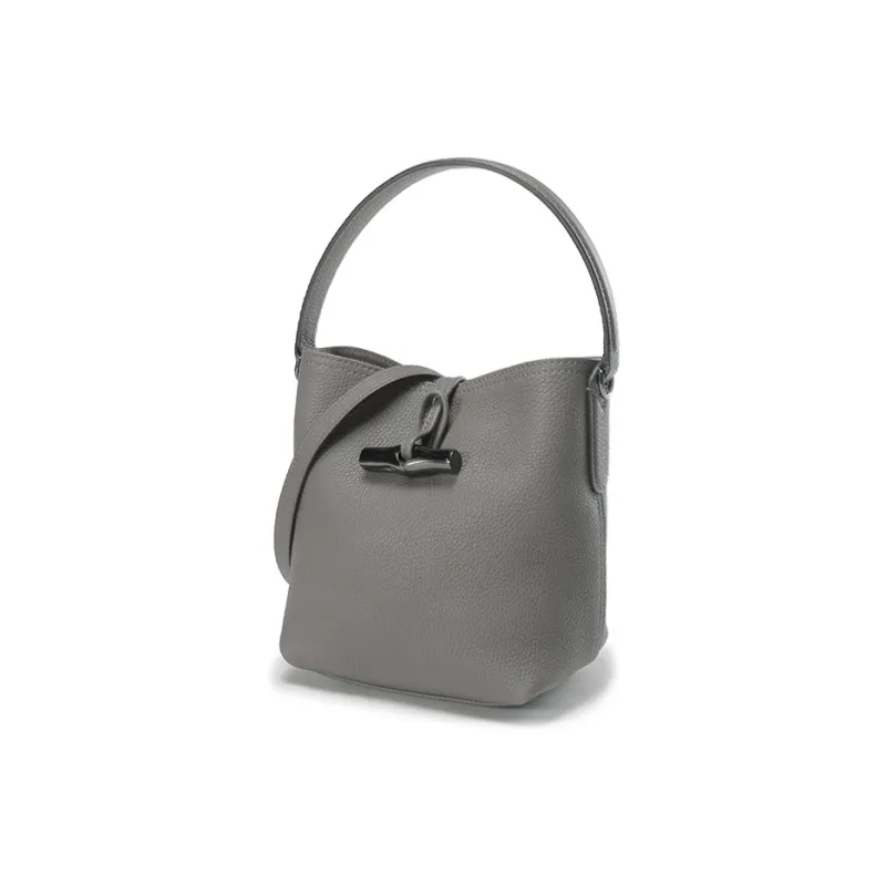 LONGCHAMP Roseau Essential Cow Leather Bucket Bag, One Shoulder Handbag Mini Women's Gray-1