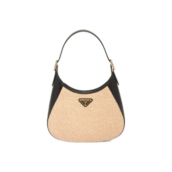 PRADA Straw Woven Fabric With Leather Handbag, Shoulder Bag Women's