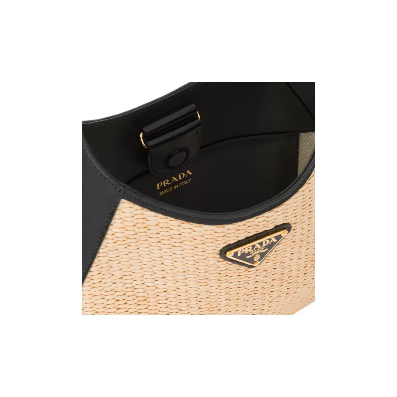 PRADA Straw Woven Fabric With Leather Handbag, Shoulder Bag Women's-4