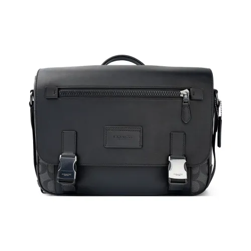 COACH Track Coated Canvas With Smooth Calfskin Messenger Bag Shoulder Bag Crossbody Bag Handbag Large Size Men's Black