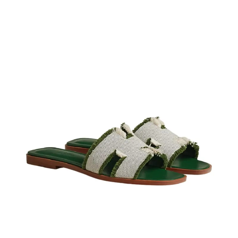HERMES Oran Sandal Vert Canvas-3