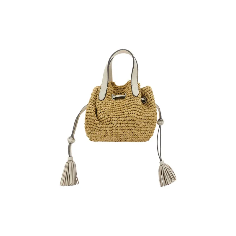 Anya Hindmarch Straw Patchwork Sheepskin Leather Crossbody One Shoulder Handbags Women's Light Brown-4