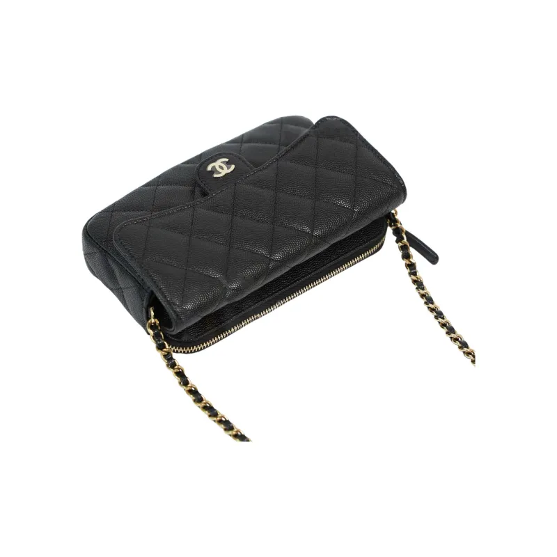 CHANEL WOC Caviar Cow Leather Flap Bag, Cell Phone Pouch, Shoulder Bag, Crossbody Bag Women's Black-3