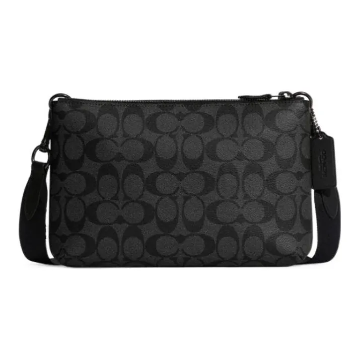 COACH Everett Coated Canvas With Calfskin Shoulder Bag, Crossbody Bag Large Size Men's Black Gray-0